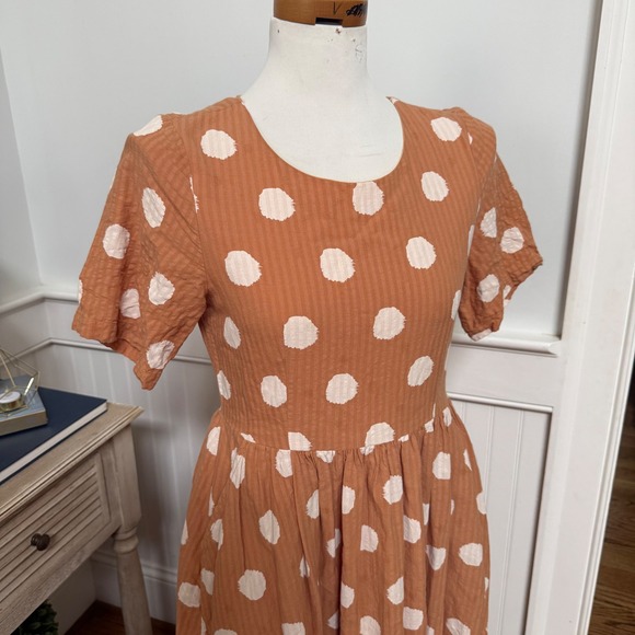 ROOLEE Orange White Polka Dot Short Sleeve Midi Dress Size S - Picture 4 of 8